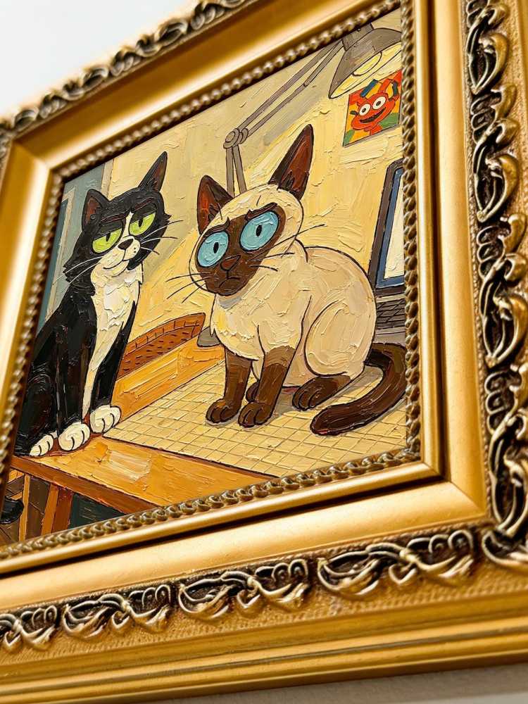 Oil Painting Animal Portrait Framed Whimsical Retro Solid Wood Frame Mini Desk Wall Decor Pet Lover Gift