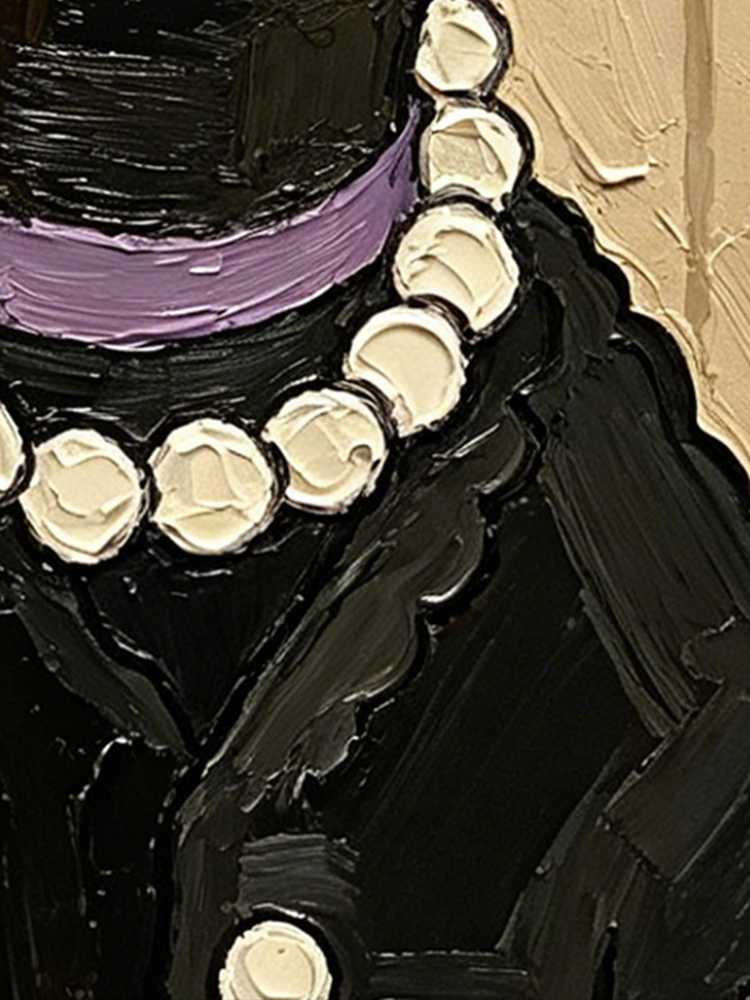Oil Painting Black Cat Portrait Framed Elegant Lady Pearl Necklace Impasto Solid Wood Frame Mini Desk Wall Decor Gift
