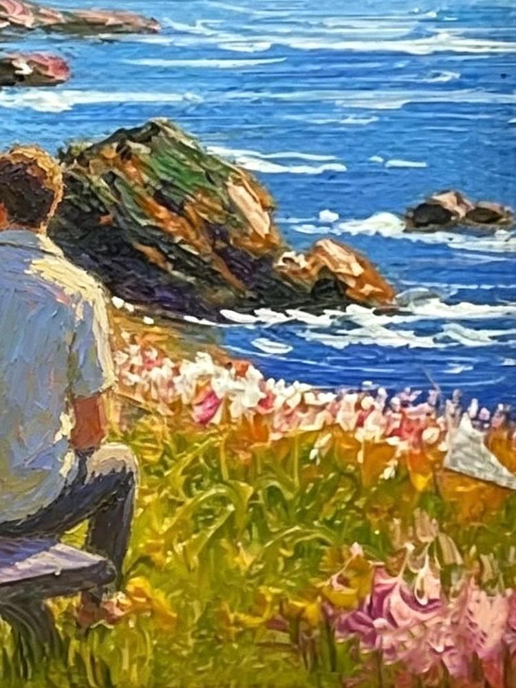 Couple on Bench Coastal Wildflower Cliff Ocean Impressionist Oil Painting Print Romantic Seascape Wall Art