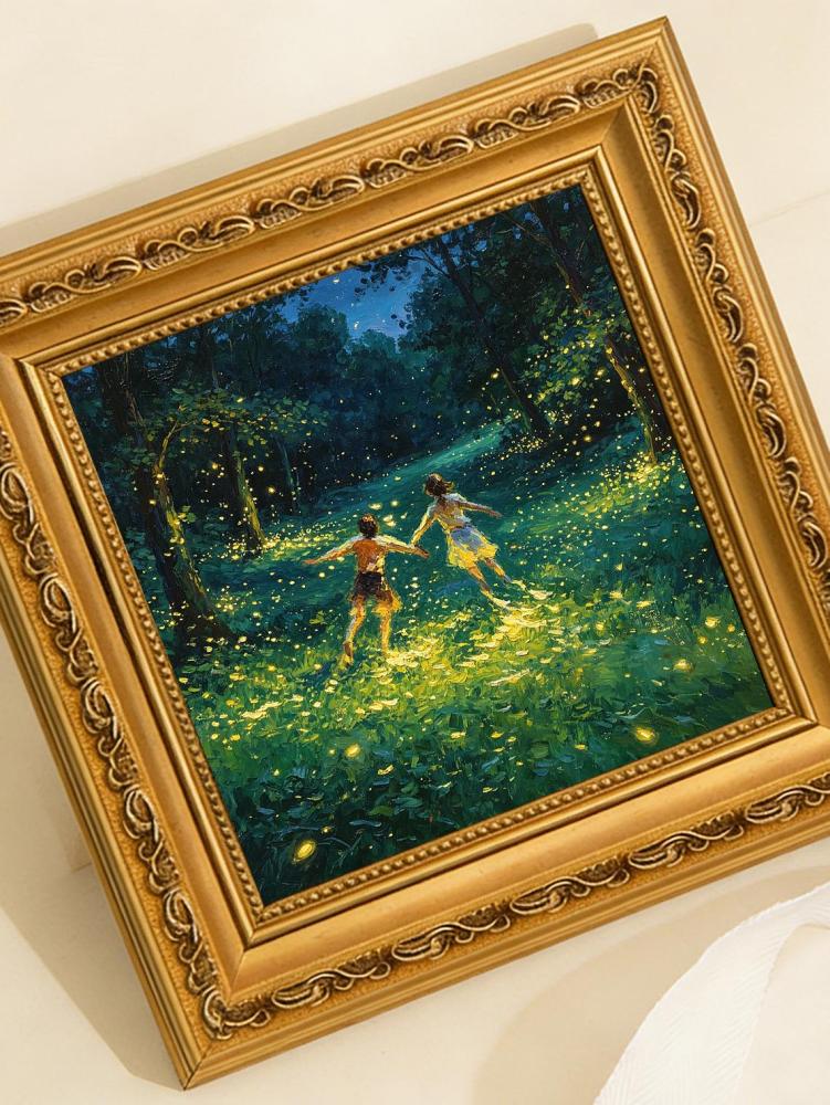 Couple Running Firefly Night Forest Impressionist Oil Painting Print, Magical Romantic Woodland Wall Art Decor