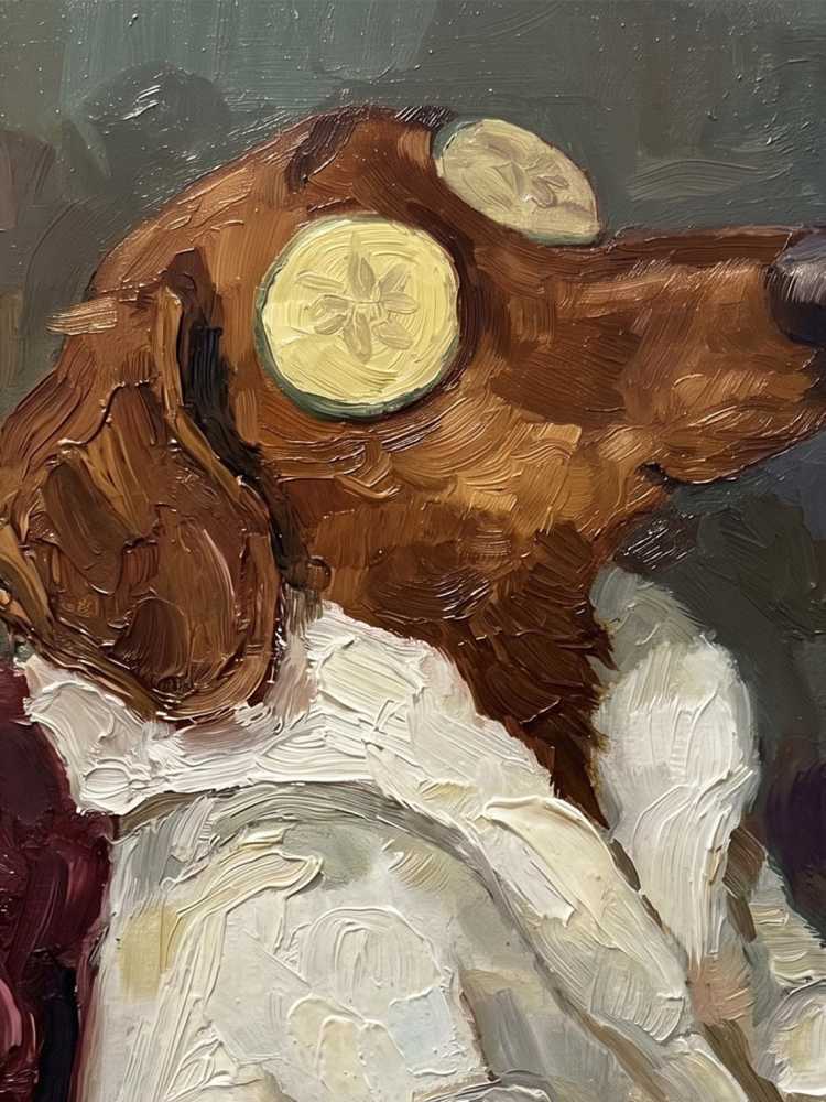 Oil Painting Dog Portrait Framed Spa Dachshund Cucumber Robe Reading Book Retro Solid Wood Frame Mini Desk Wall Decor Gift
