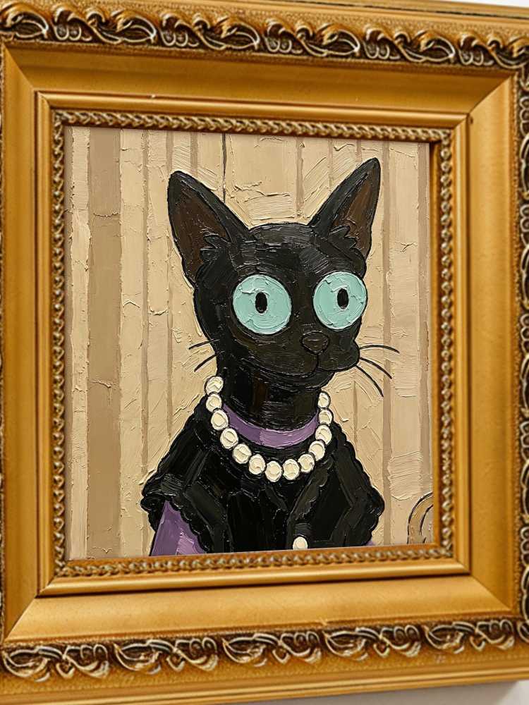 Oil Painting Black Cat Portrait Framed Elegant Lady Pearl Necklace Impasto Solid Wood Frame Mini Desk Wall Decor Gift
