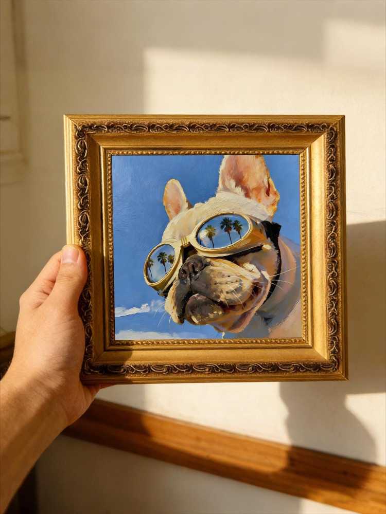Hand-painted Oil Painting, Original Impasto Art, Framed Wall Decor, Cool French Bulldog in Gold Sunglasses