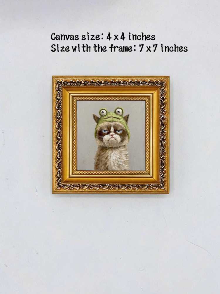 Oil Painting Cat Portrait Framed Grumpy Frog Hat Cat Retro Solid Wood Frame Mini Desk Wall Decor Animal Lover Gift