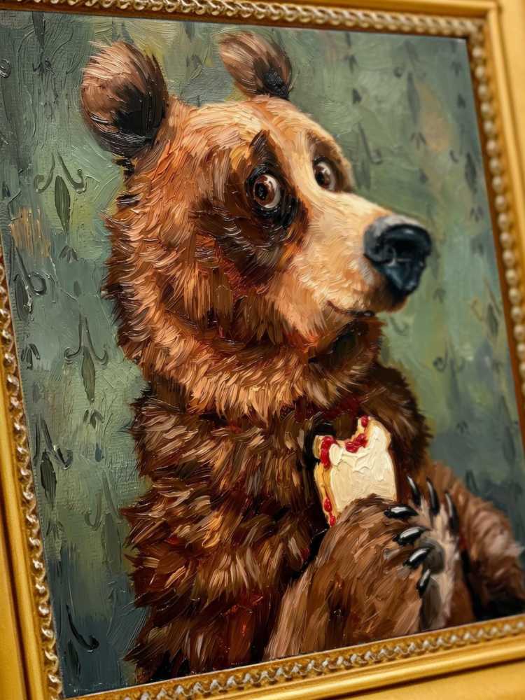 Oil Painting Bear Portrait Framed Cake Eating Bear Retro Solid Wood Frame Mini Desk Wall Decor Animal Lover Gift