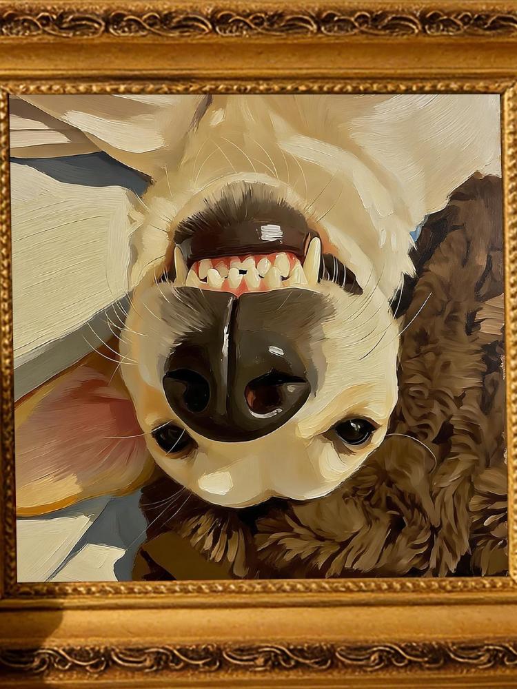 Hand-painted Oil Painting, Playful Dog Art, Framed Wall Decor, Upside-Down Silly Puppy Selfie With Its Teeth Bared