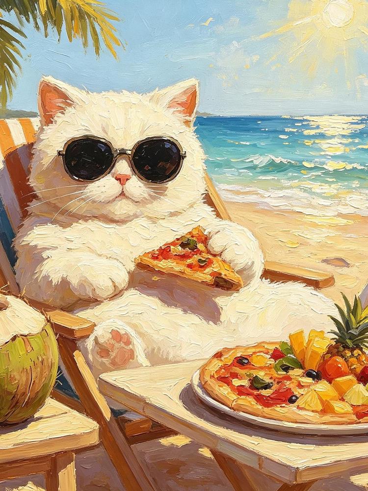 Chubby White Cat Sunglasses Beach Chair Pizza Coconut Tropical Ocean Oil Painting Funny Summer Wall Print