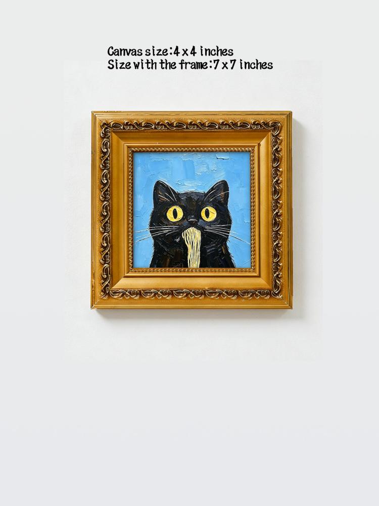 Oil Painting Black Cat Portrait Framed Spaghetti Noodle Cat Impasto Solid Wood Frame Mini Desk Wall Decor Animal Lover Gift