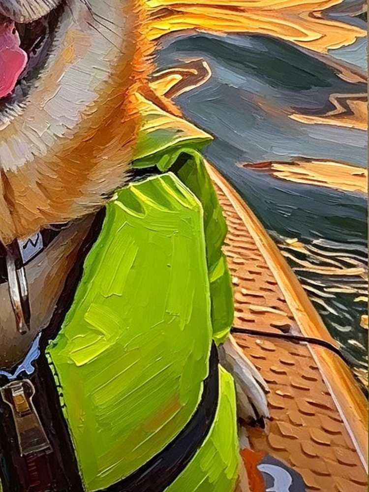 Happy Shiba Inu Dog Yellow Swim Goggles Life Jacket Sunset Ocean Oil Painting Summer Surf Wall Print