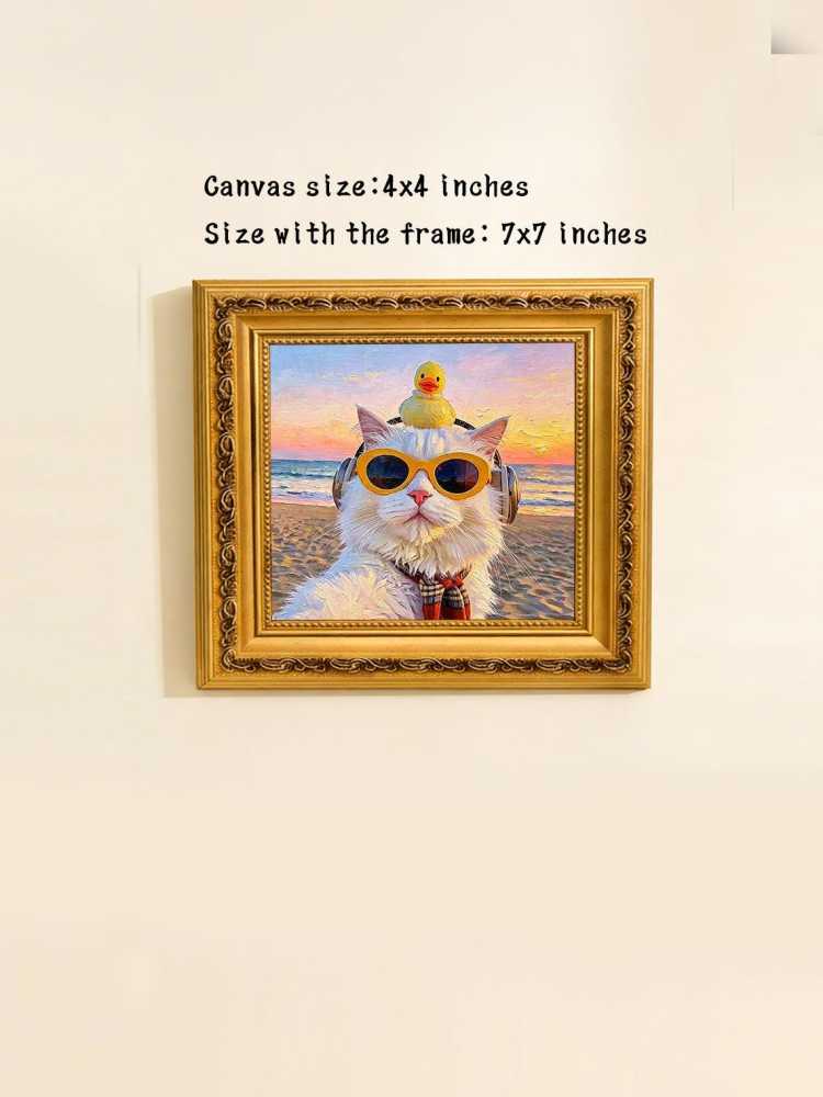 Cool White Fluffy Cat Yellow Sunglasses Headphones Rubber Duck Beach Sunset Oil Painting Funny Wall Print