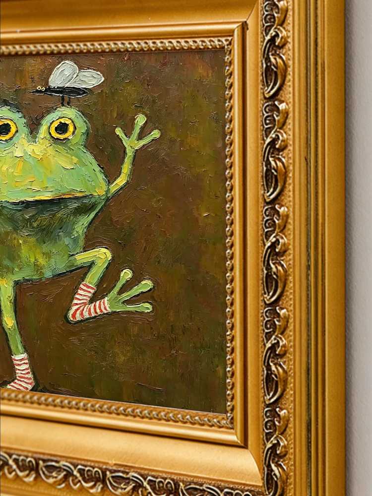 Impasto Frog Painting Framed Whimsical Frog with Striped Socks Retro Solid Wood Gold Frame Mini Desk Wall Decor Gift