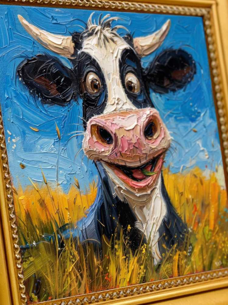 Oil Painting Cow Portrait Framed Happy Smiling Cow Retro Solid Wood Frame Mini Desk Wall Decor Animal Lover Gift