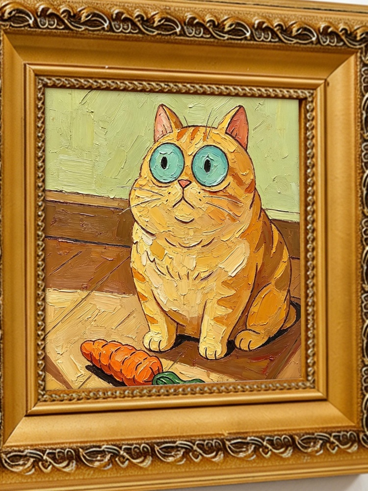 Oil Painting Orange Cat Portrait Framed Chunky Ginger Tabby with Carrot Impasto Solid Wood Frame Mini Desk Wall Decor Gift