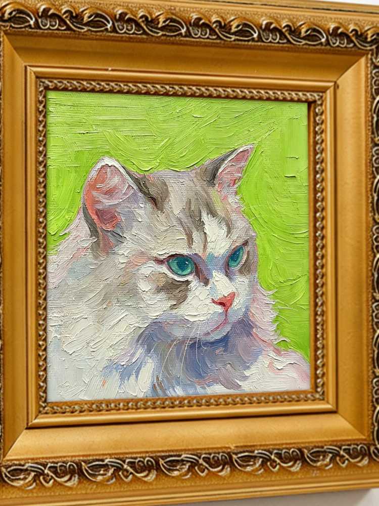 Impasto Cat Oil Painting Framed Blue-Eyed Tabby Cat Portrait Retro Solid Wood Gold Frame Mini Desk Wall Decor Animal Lover Gift