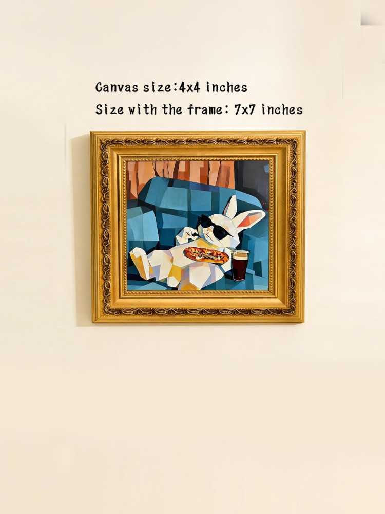 Hand-painted Oil Painting, Cubist Rabbit Art, Framed Wall Decor, Cool Bunny with Sunglasses &amp; Pizza