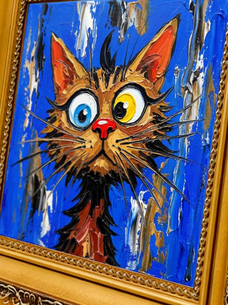 Oil Painting Cat Portrait Framed Big Eyes Heterochromia Retro Solid Wood Frame Mini Desk Wall Decor Animal Lover Gift