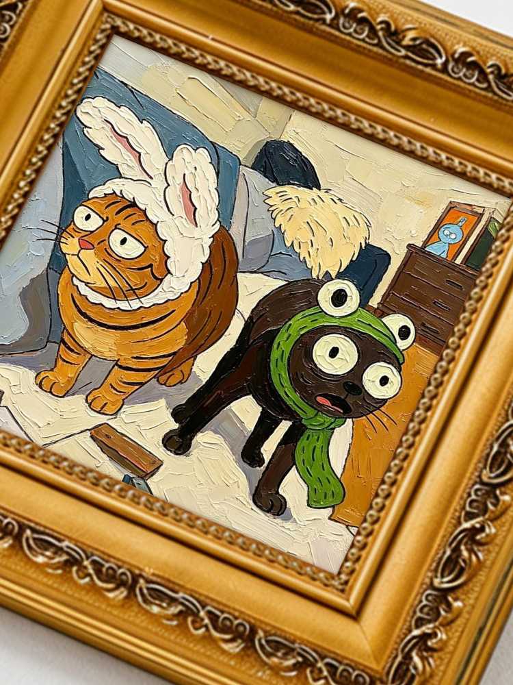 Oil Painting Cat Portrait Framed Funny Bunny &amp; Frog Hat Cats Impasto Solid Wood Frame Mini Desk Wall Decor Animal Lover Gift