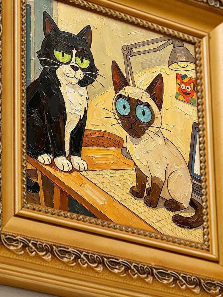 Oil Painting Animal Portrait Framed Whimsical Retro Solid Wood Frame Mini Desk Wall Decor Pet Lover Gift