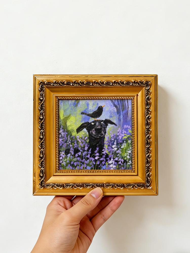 Oil Painting Black Dog Portrait Framed Bird on Head Lavender Field Impasto Solid Wood Gold Frame Mini Desk Wall Decor Gift