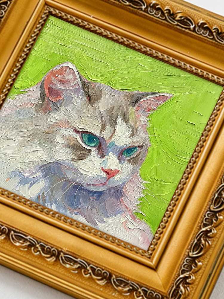 Impasto Cat Oil Painting Framed Blue-Eyed Tabby Cat Portrait Retro Solid Wood Gold Frame Mini Desk Wall Decor Animal Lover Gift
