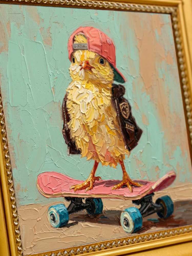 Oil Painting Chick Portrait Framed Skateboard Chick Retro Solid Wood Frame Mini Desk Wall Decor Animal Lover Gift