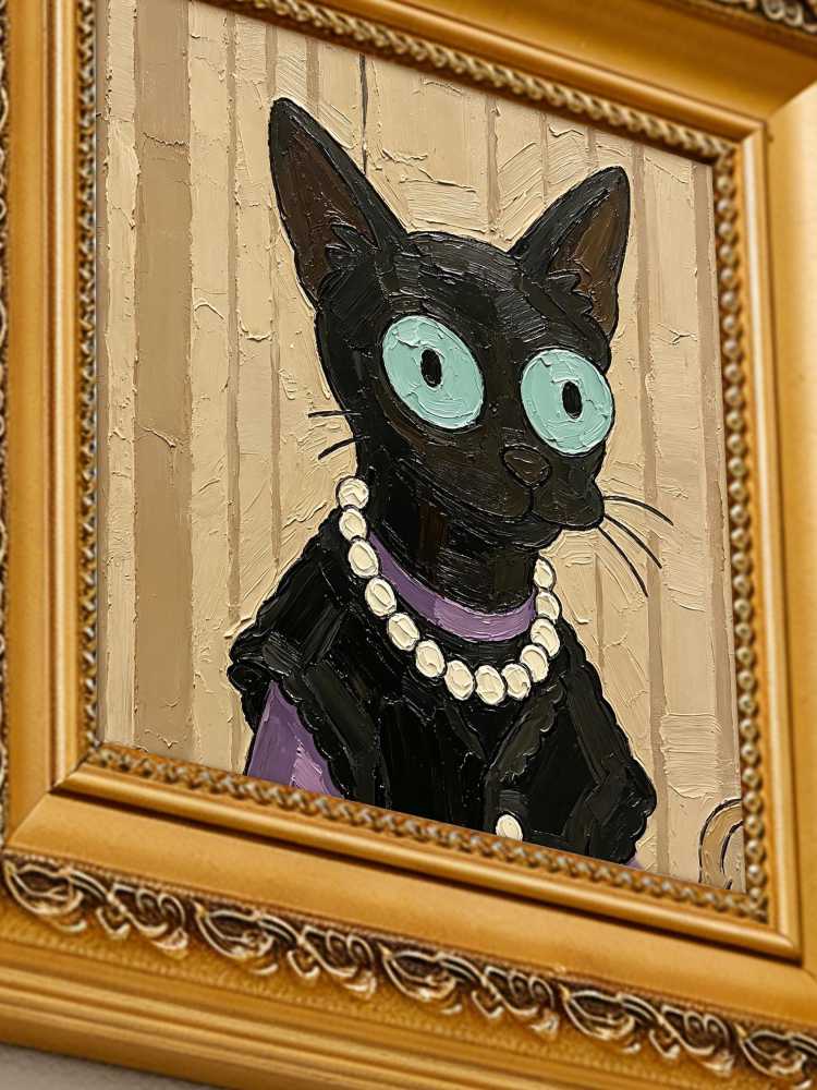 Oil Painting Black Cat Portrait Framed Elegant Lady Pearl Necklace Impasto Solid Wood Frame Mini Desk Wall Decor Gift