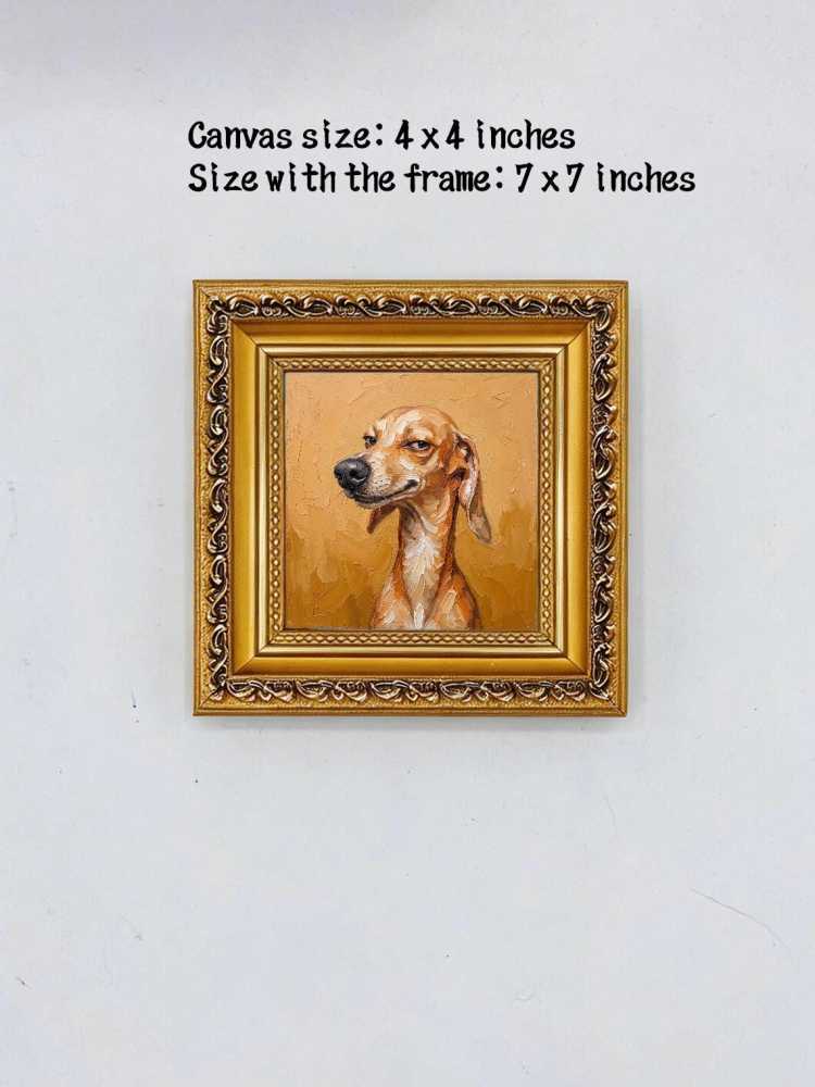 Oil Painting Dog Portrait Framed Realistic Hound Retro Solid Wood Frame Mini Desk Wall Decor Animal Lover Gift