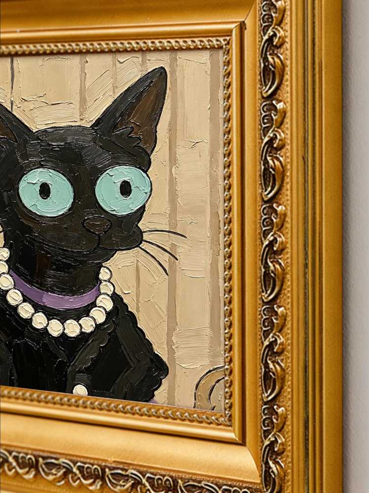 Oil Painting Black Cat Portrait Framed Elegant Lady Pearl Necklace Impasto Solid Wood Frame Mini Desk Wall Decor Gift