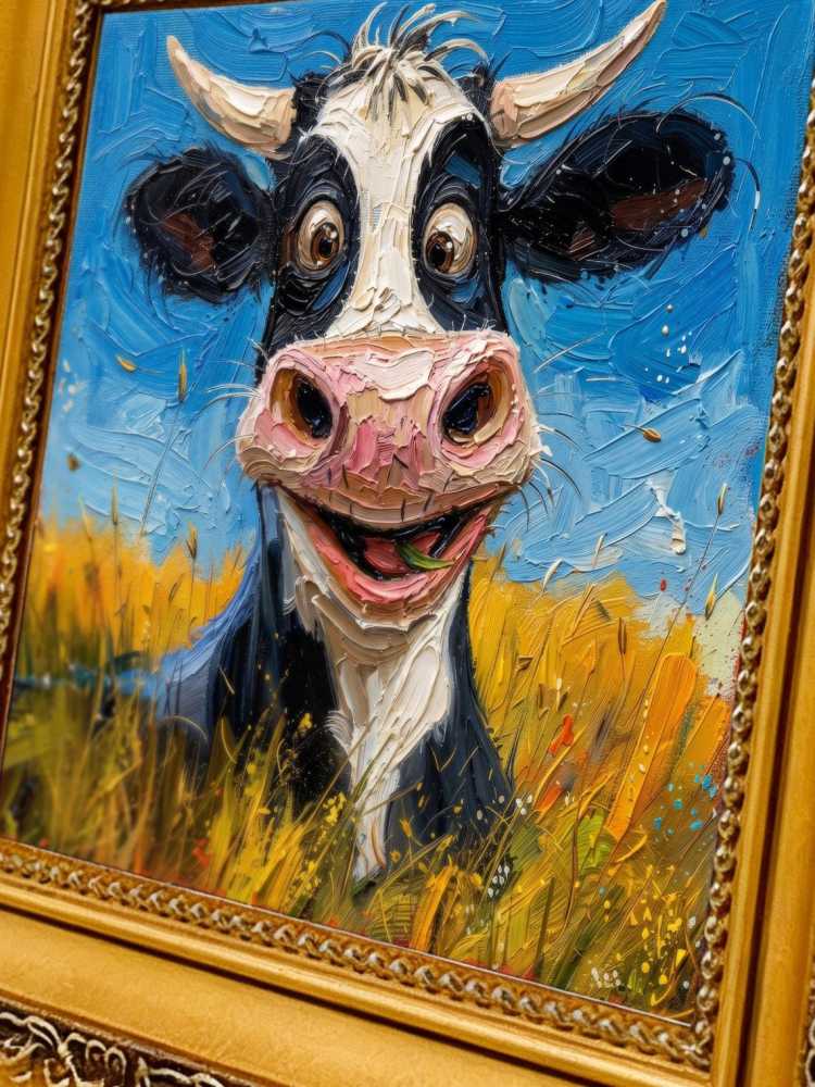 Oil Painting Cow Portrait Framed Happy Smiling Cow Retro Solid Wood Frame Mini Desk Wall Decor Animal Lover Gift
