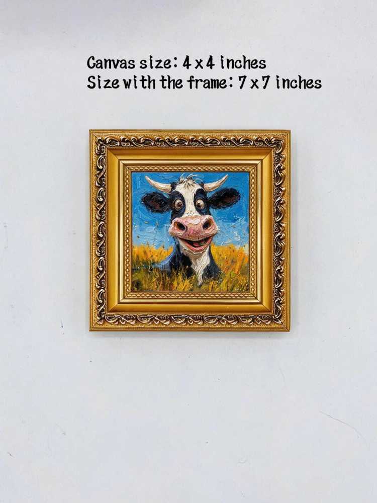 Oil Painting Cow Portrait Framed Happy Smiling Cow Retro Solid Wood Frame Mini Desk Wall Decor Animal Lover Gift