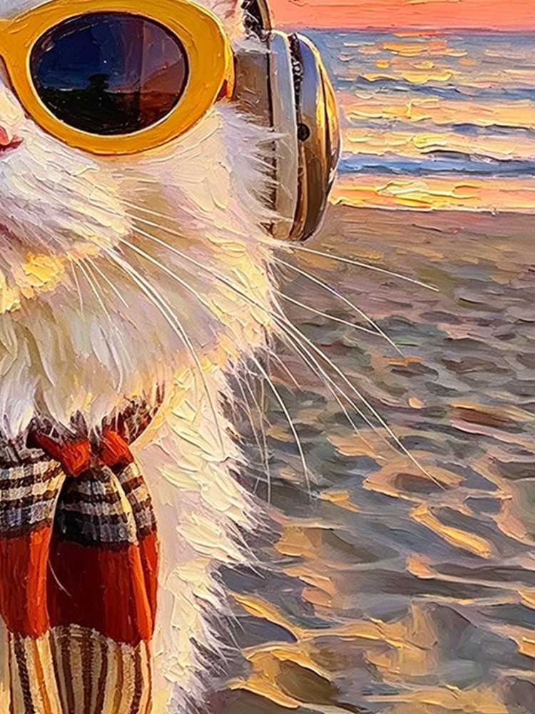 Cool White Fluffy Cat Yellow Sunglasses Headphones Rubber Duck Beach Sunset Oil Painting Funny Wall Print