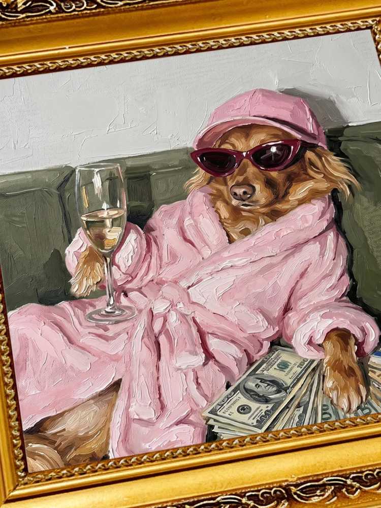 Oil Painting Dog Portrait Framed Wealthy Pup Pink Robe Sunglasses Retro Solid Wood Frame Mini Desk Wall Decor Animal Lover Gift