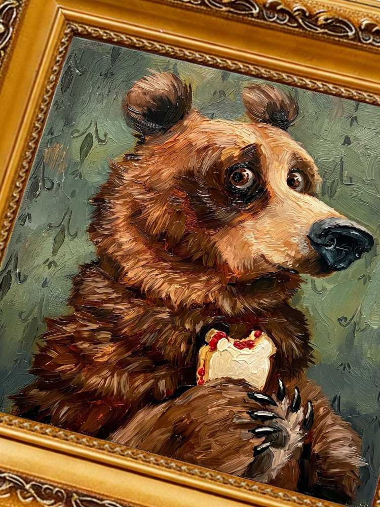 Oil Painting Bear Portrait Framed Cake Eating Bear Retro Solid Wood Frame Mini Desk Wall Decor Animal Lover Gift