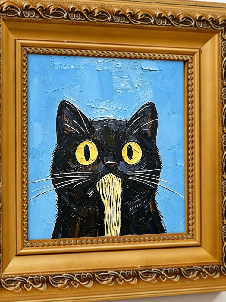 Oil Painting Black Cat Portrait Framed Spaghetti Noodle Cat Impasto Solid Wood Frame Mini Desk Wall Decor Animal Lover Gift
