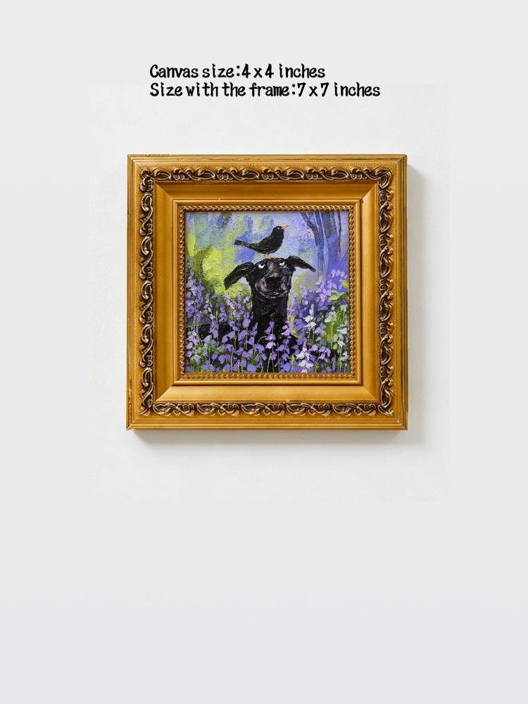 Oil Painting Black Dog Portrait Framed Bird on Head Lavender Field Impasto Solid Wood Gold Frame Mini Desk Wall Decor Gift