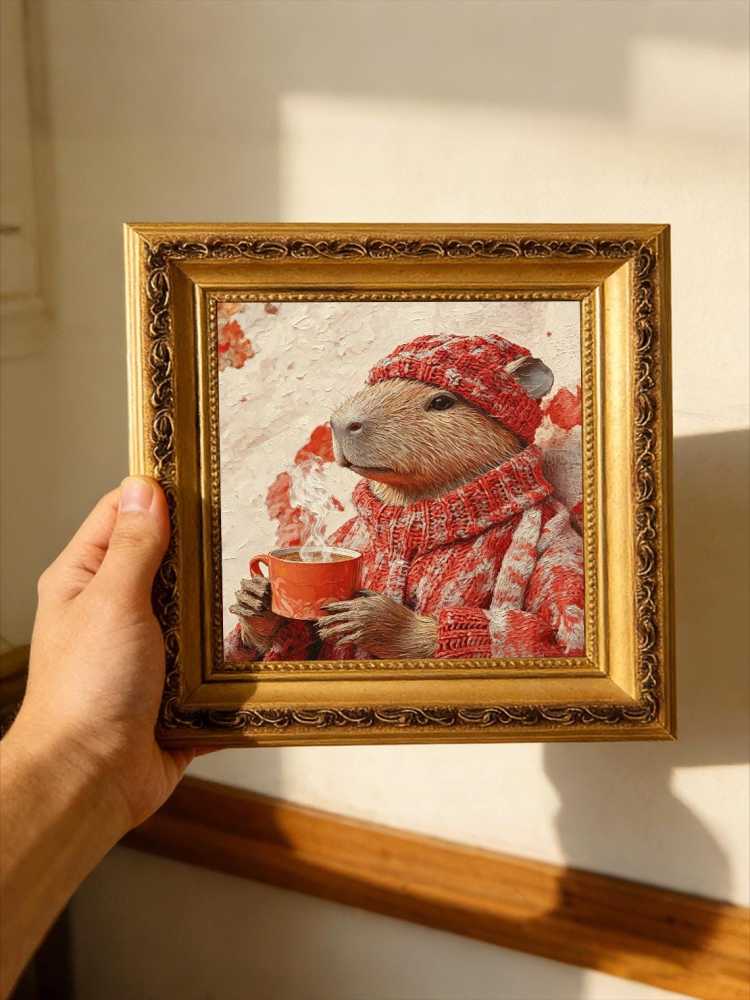 Cozy Capybara Red Knit Sweater Hat Hot Coffee Autumn Fall Oil Painting Print Warm Wall Decor