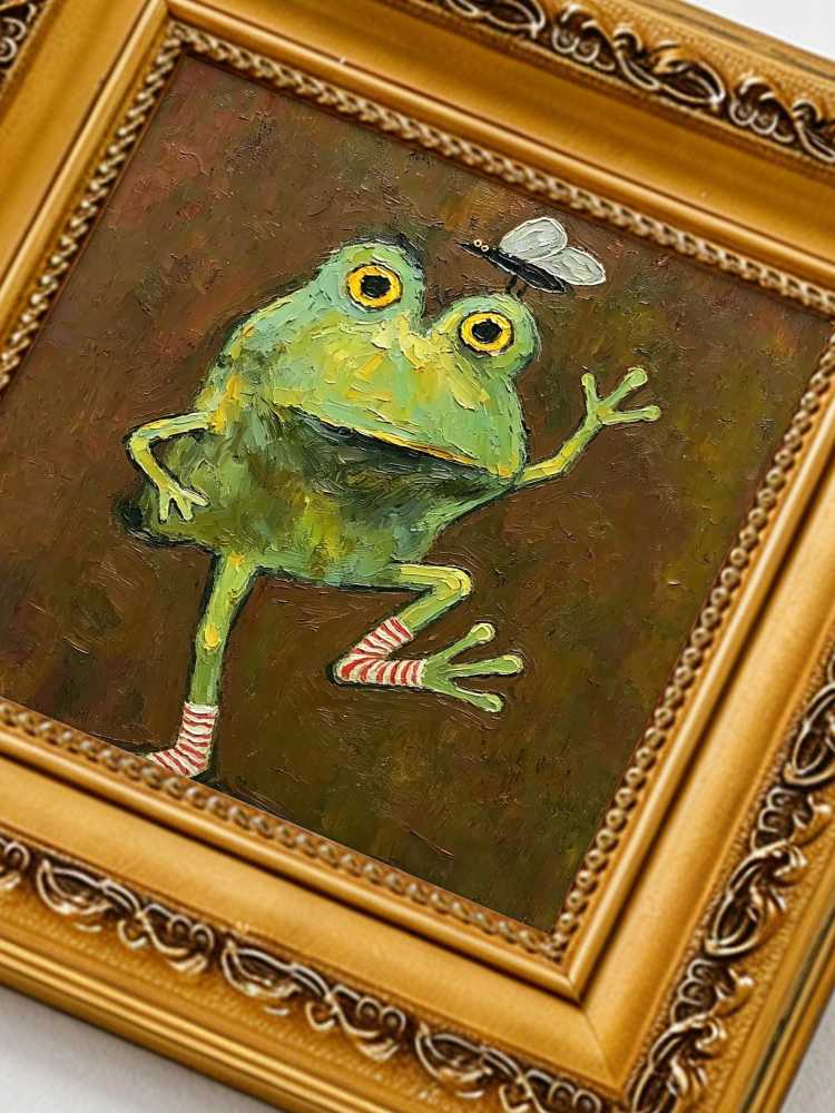 Impasto Frog Painting Framed Whimsical Frog with Striped Socks Retro Solid Wood Gold Frame Mini Desk Wall Decor Gift