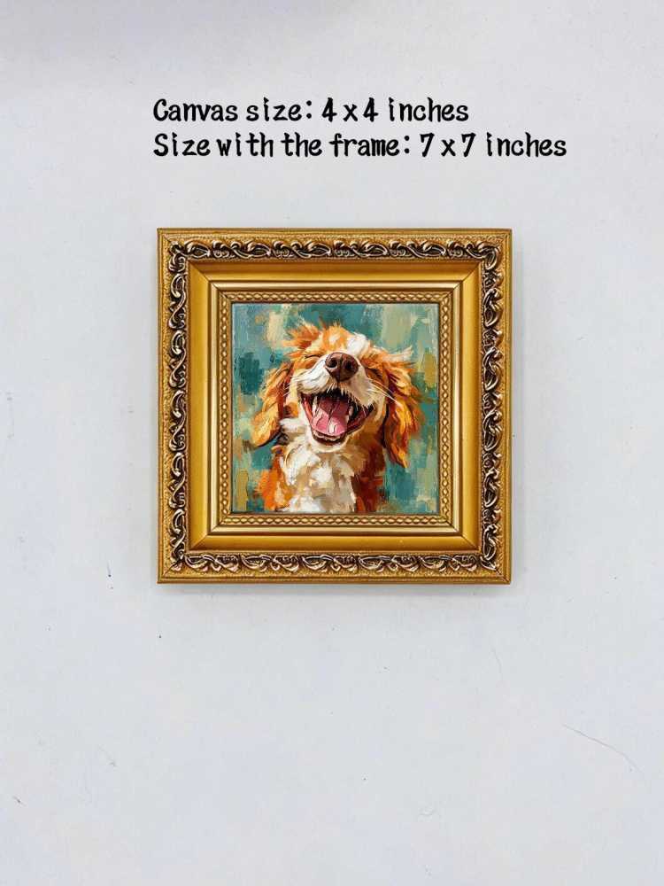 Oil Painting Dog Portrait Framed Laughing Happy Golden Retriever Impasto Solid Wood Frame Mini Desk Wall Decor Animal Lover Gift