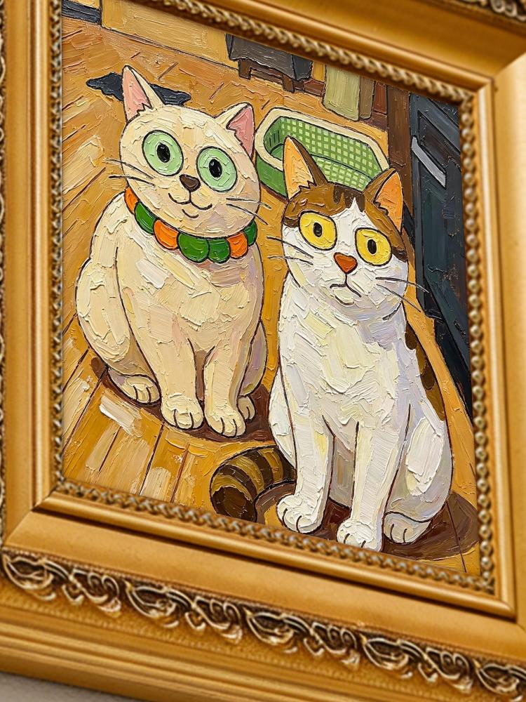 Oil Painting Cat Portrait Framed Two Funny Cats Big Eyes Impasto Solid Wood Frame Mini Desk Wall Decor Animal Lover Gift