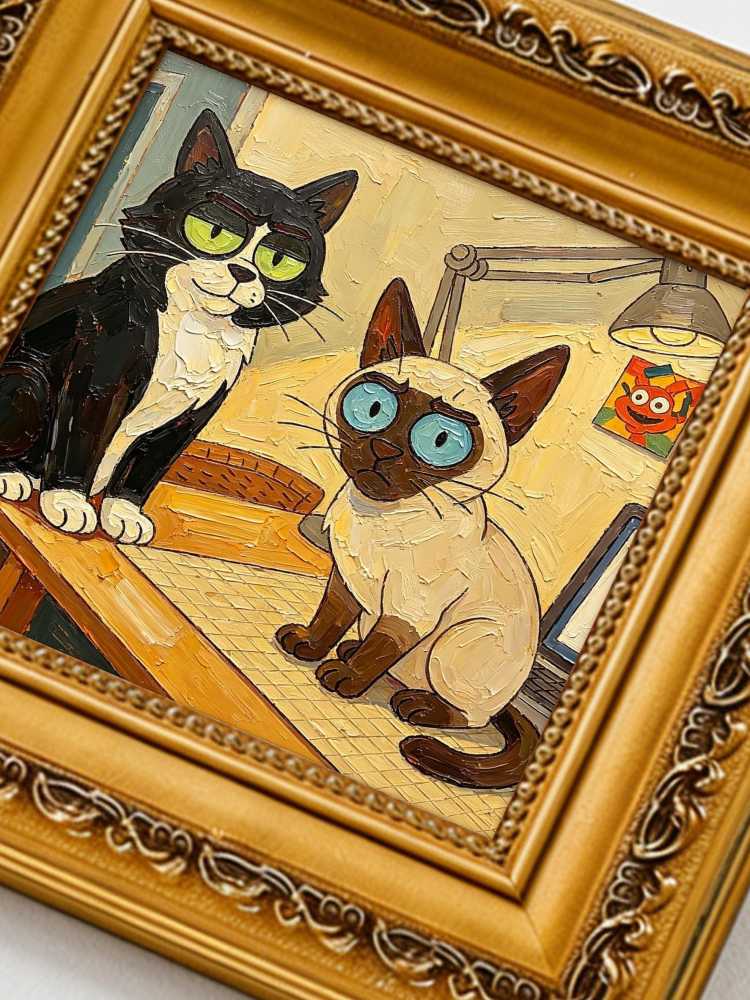 Oil Painting Animal Portrait Framed Whimsical Retro Solid Wood Frame Mini Desk Wall Decor Pet Lover Gift