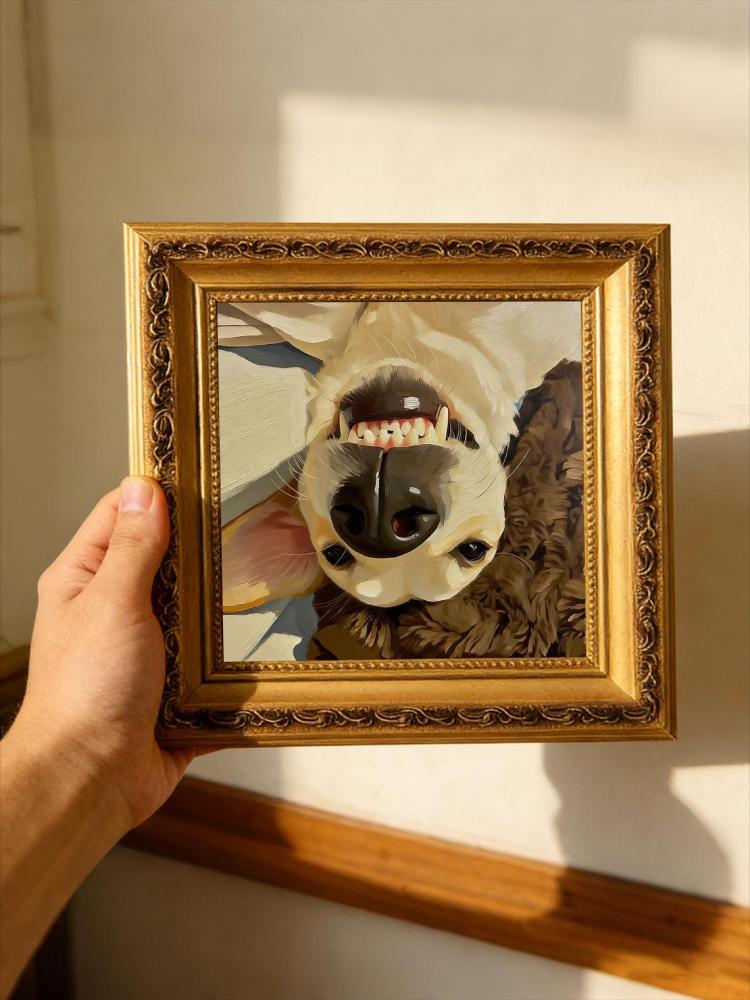 Hand-painted Oil Painting, Playful Dog Art, Framed Wall Decor, Upside-Down Silly Puppy Selfie With Its Teeth Bared
