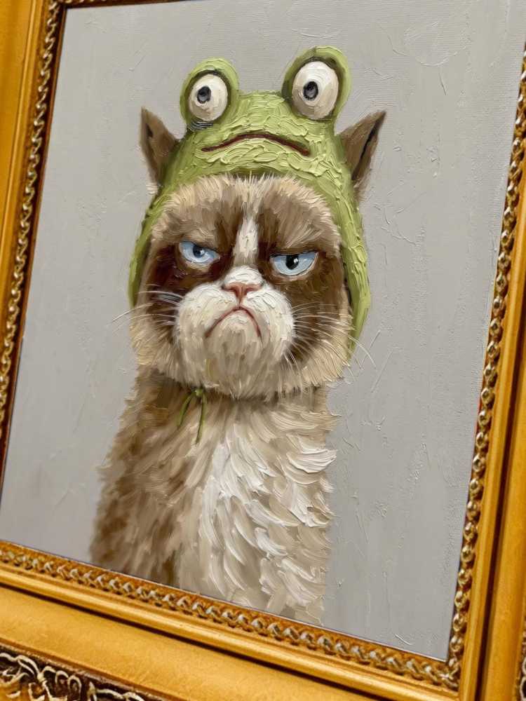 Oil Painting Cat Portrait Framed Grumpy Frog Hat Cat Retro Solid Wood Frame Mini Desk Wall Decor Animal Lover Gift