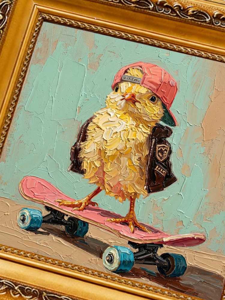 Oil Painting Chick Portrait Framed Skateboard Chick Retro Solid Wood Frame Mini Desk Wall Decor Animal Lover Gift