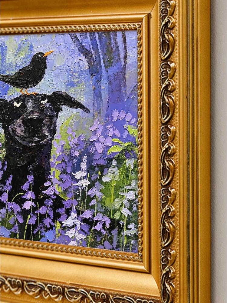 Oil Painting Black Dog Portrait Framed Bird on Head Lavender Field Impasto Solid Wood Gold Frame Mini Desk Wall Decor Gift