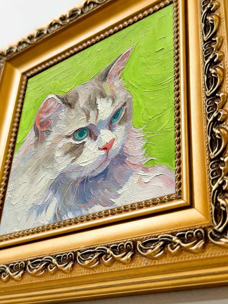 Impasto Cat Oil Painting Framed Blue-Eyed Tabby Cat Portrait Retro Solid Wood Gold Frame Mini Desk Wall Decor Animal Lover Gift