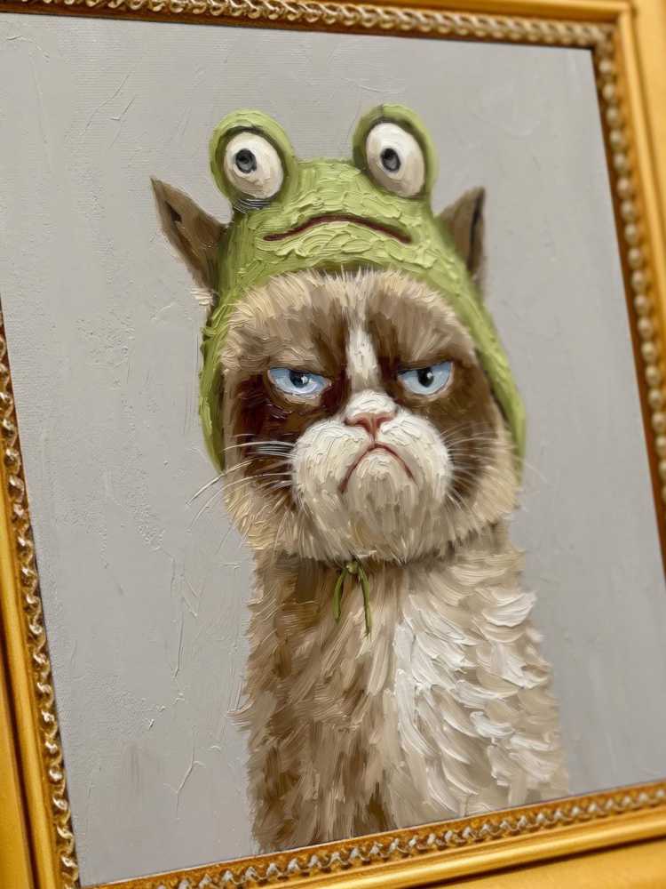 Oil Painting Cat Portrait Framed Grumpy Frog Hat Cat Retro Solid Wood Frame Mini Desk Wall Decor Animal Lover Gift