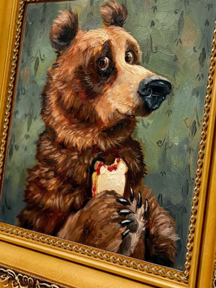 Oil Painting Bear Portrait Framed Cake Eating Bear Retro Solid Wood Frame Mini Desk Wall Decor Animal Lover Gift
