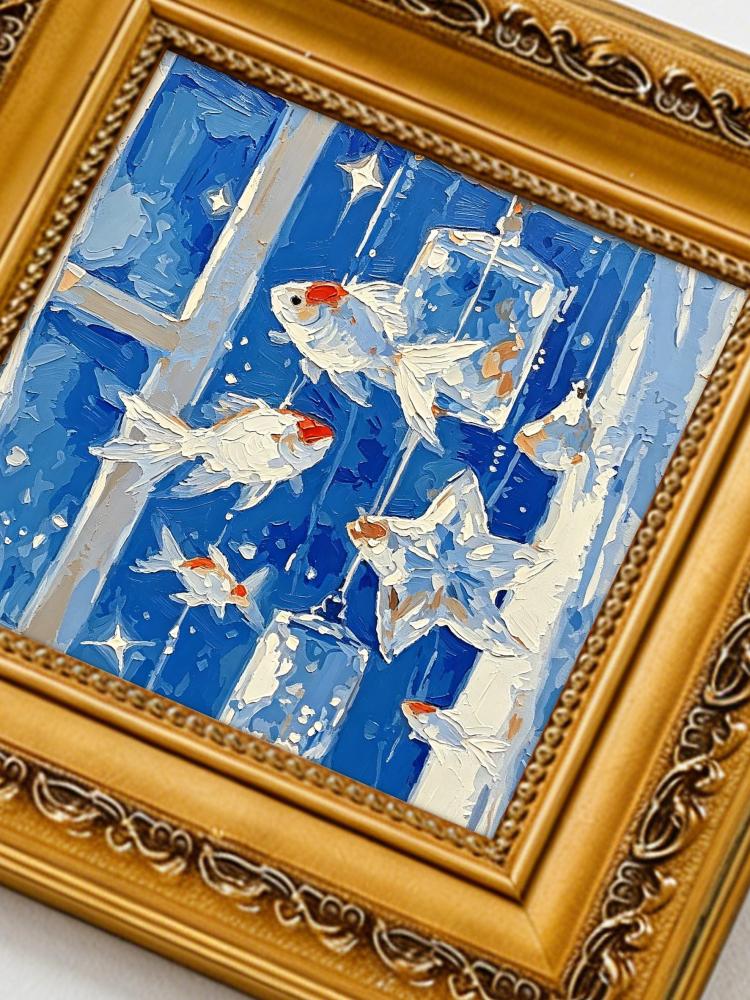 Impasto Goldfish Oil Painting Starry Ocean Scene Framed Solid Wood Ornate Gold Frame Mini Desk Wall Decor Unique Gift