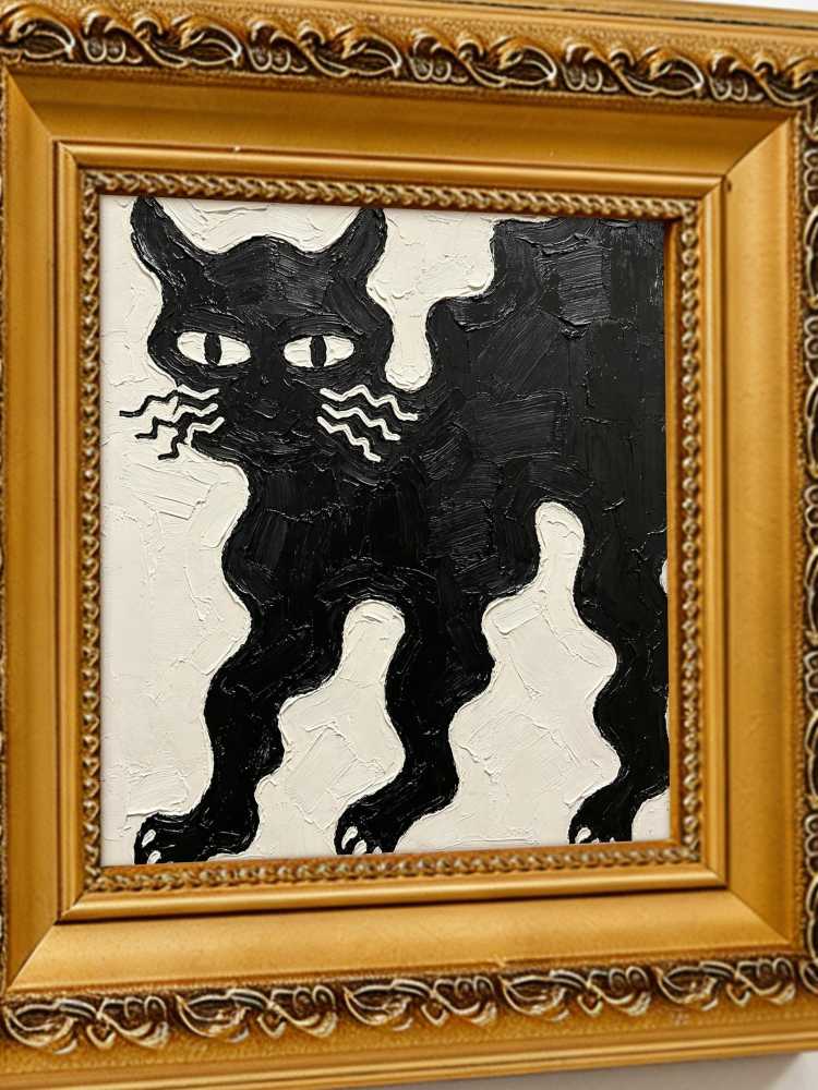 Impasto Black Cat Painting Framed Minimalist Wavy Whiskers Retro Solid Wood Gold Frame Mini Desk Wall Decor Gift