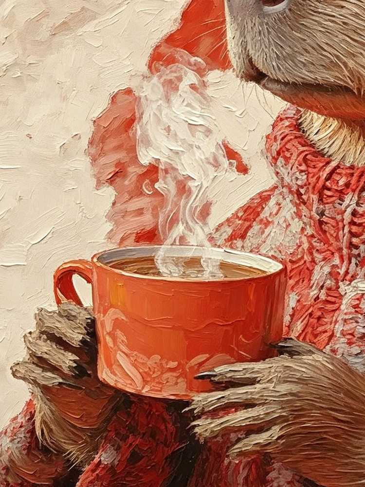 Cozy Capybara Red Knit Sweater Hat Hot Coffee Autumn Fall Oil Painting Print Warm Wall Decor